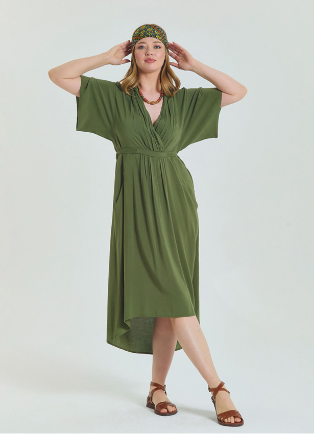V Neck Pleated Detail Khaki Casual Plus Size Dress 4607
